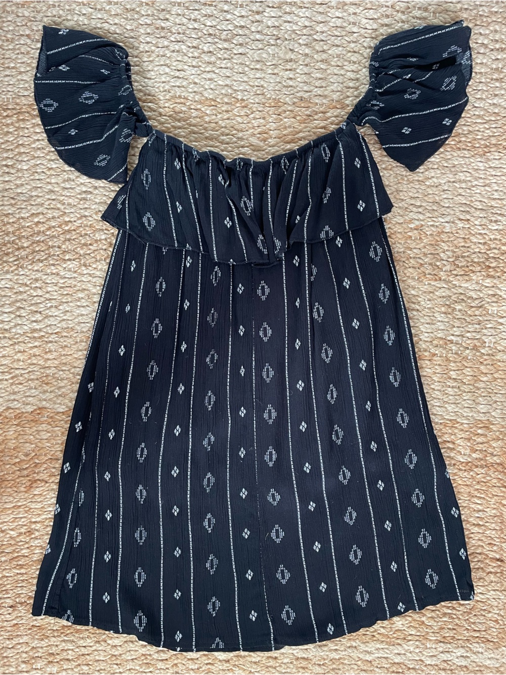 Black Off Shoulder Mini Dress Puff Sleeve Boho M Summer Vacation Date Night